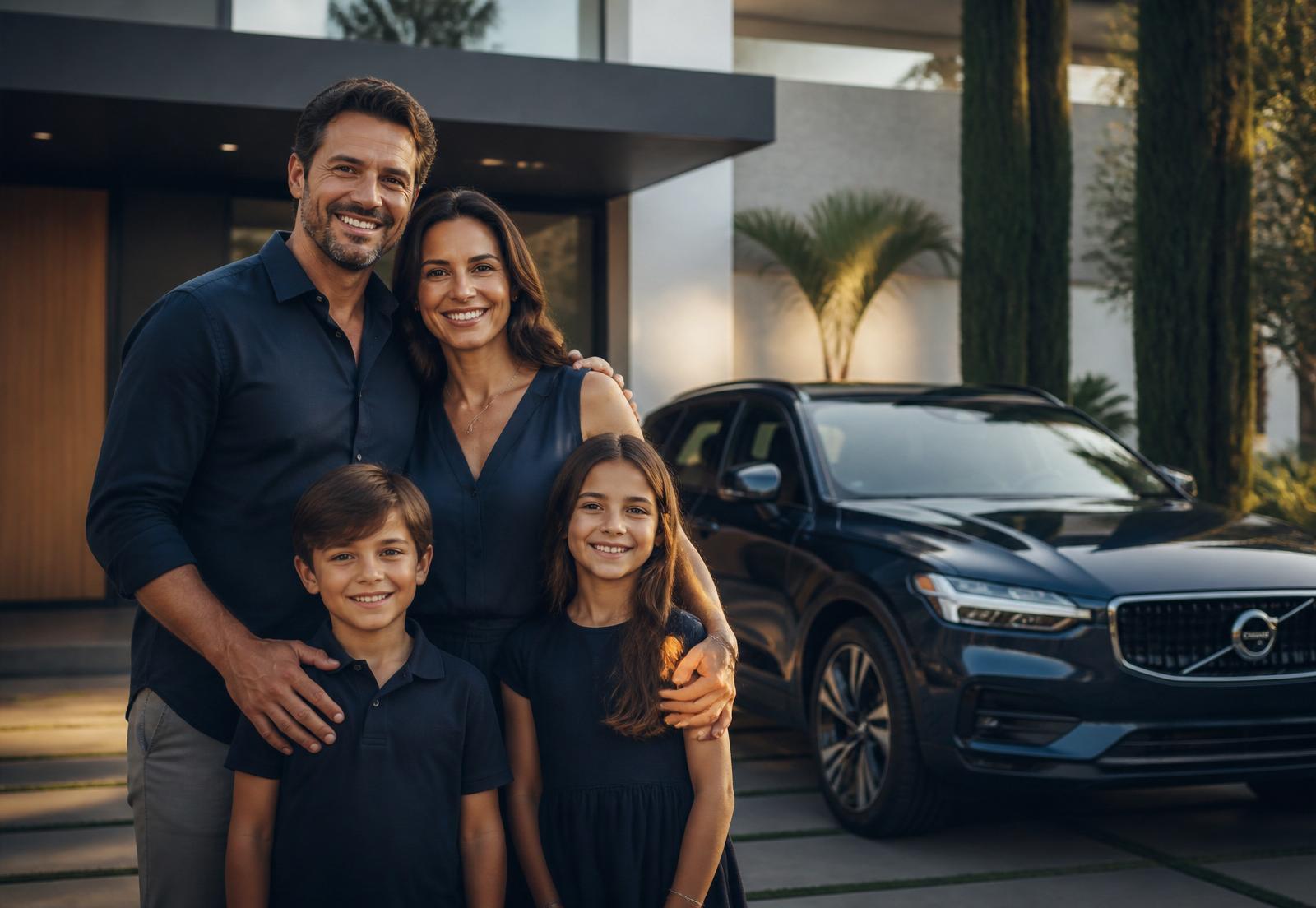Família protegida em frente à sua casa e ao seu carro